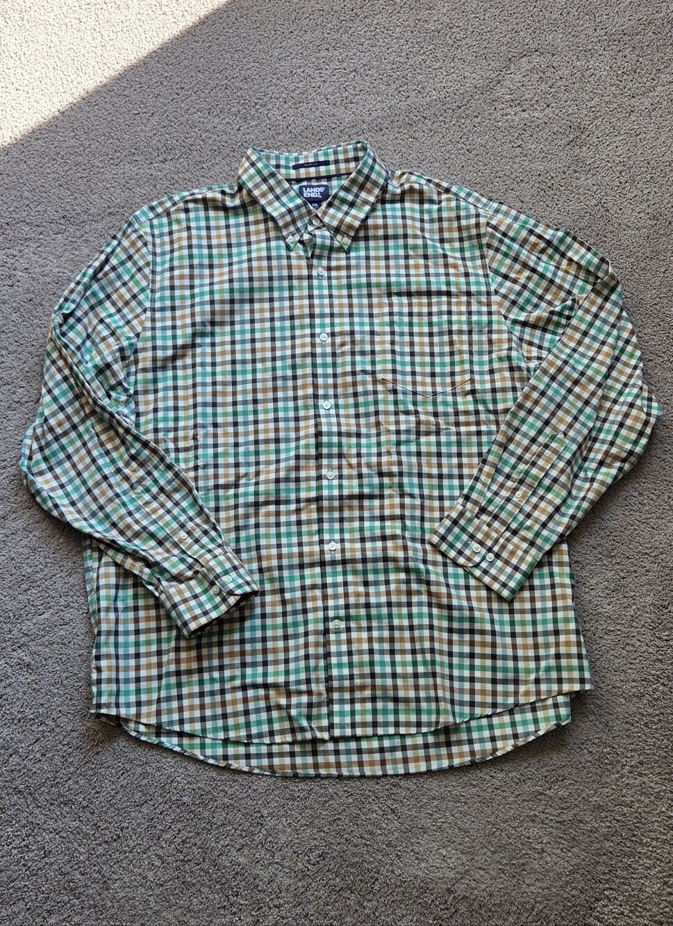 Lands' End Tan & Green Plaid No Iron Twill Button-Down Shirt Size XXL Preppy/Dad